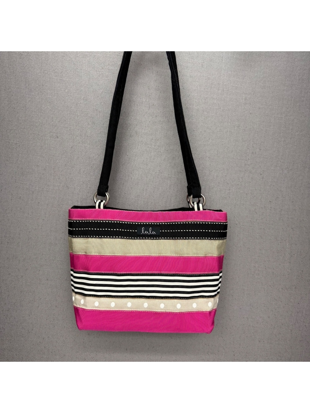 Lulu Garrison Vintage Ribbon Stripe Mini Tote Shoulder Bag Pink Black Dot EUC